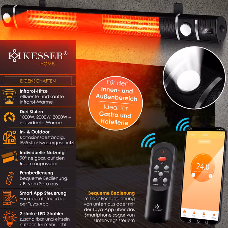 Riscaldatore a infrarossi KESSER® 3000 W IR-Gastro-Bar con luce LED, riscaldatore da terrazza con WiFi e telecomando, custodia protettiva inclusa; riscaldatore a infrarossi, riscaldatore al quarzo, riscaldatore da terrazza, riscaldatore da parete