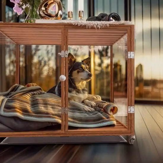 Banchetto per cani Jemaison in legno marrone con ruote e vetro resistente, adatto per cani fino a 70 kg, L: 90 cm, P: 61 cm, H: 65,5 cm