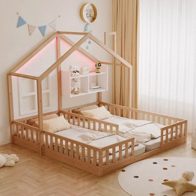 Casetta Letto Bambini in Legno con LED ¨C Xylo ¨C 90x200, Rete a Doghe, Scala