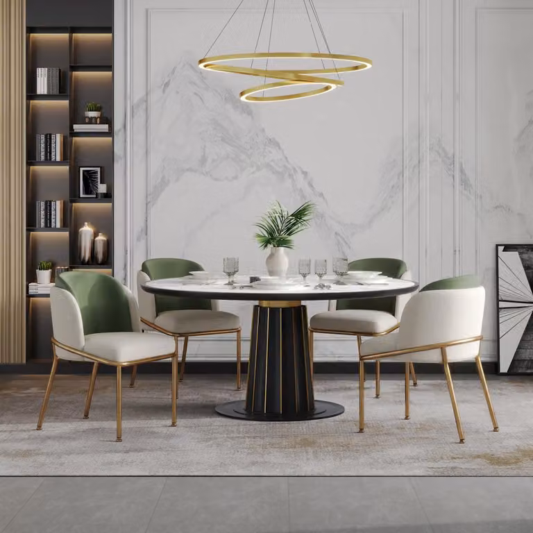 Set di 4 sedie da pranzo, design moderno, con piedini regolabili, adatte anche per la cucina, imbottite, ideali per il soggiorno, colore verde e dettagli dorati, dimensioni 55x55x85 cm