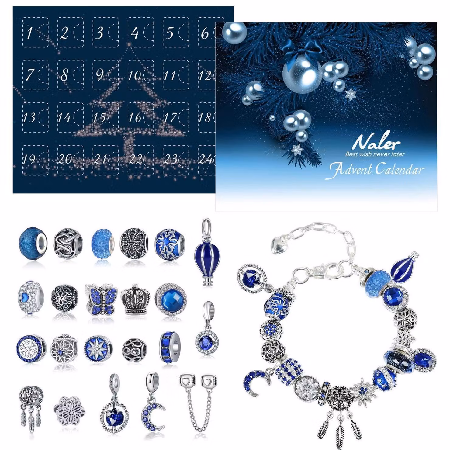 Calendario dell'Avvento con gioielli, 24 pezzi, blu, perline di vetro con catene e braccialetto