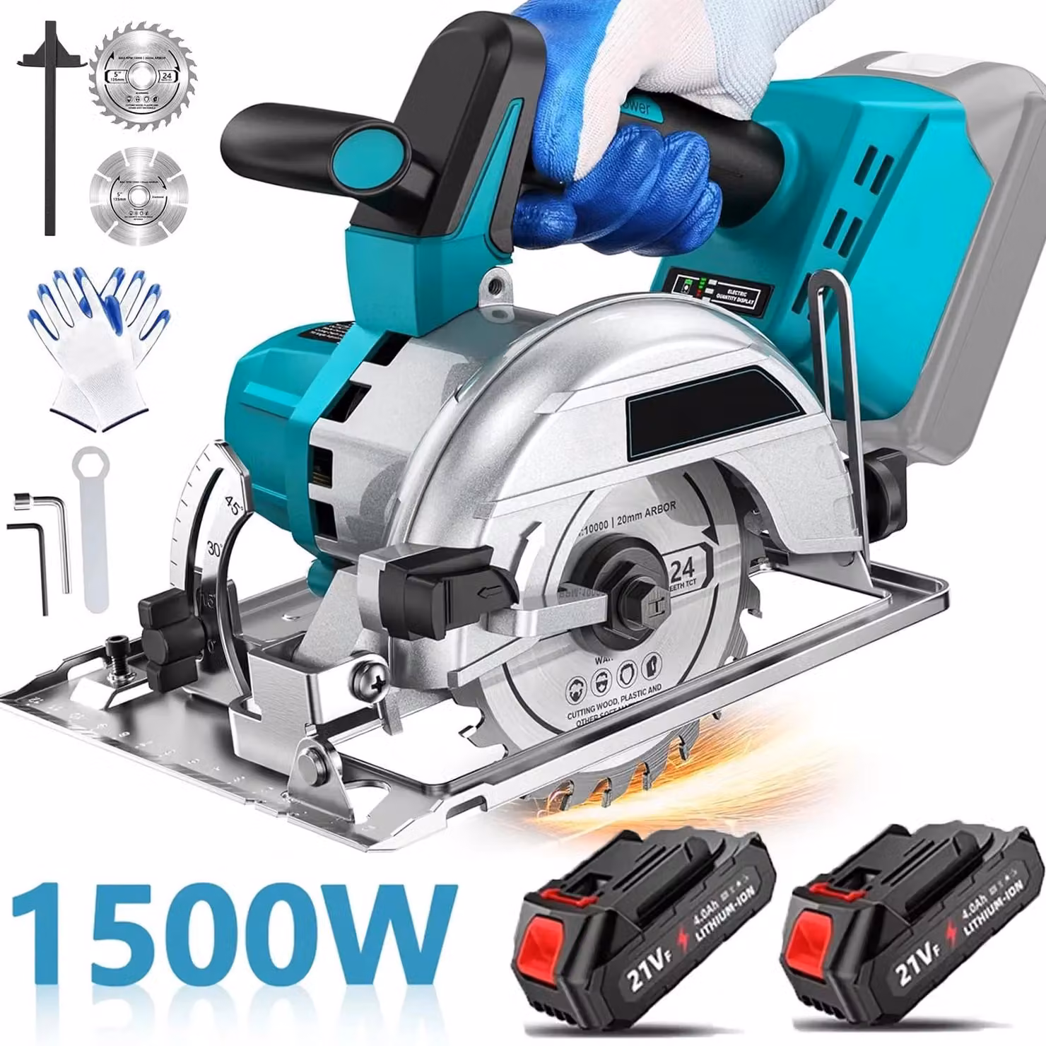 Sega circolare a batteria - Motore brushless - 1500 W - Lama da 125 mm - Profondità di taglio 45 mm - Angolo di taglio 0–45° - 2 batterie