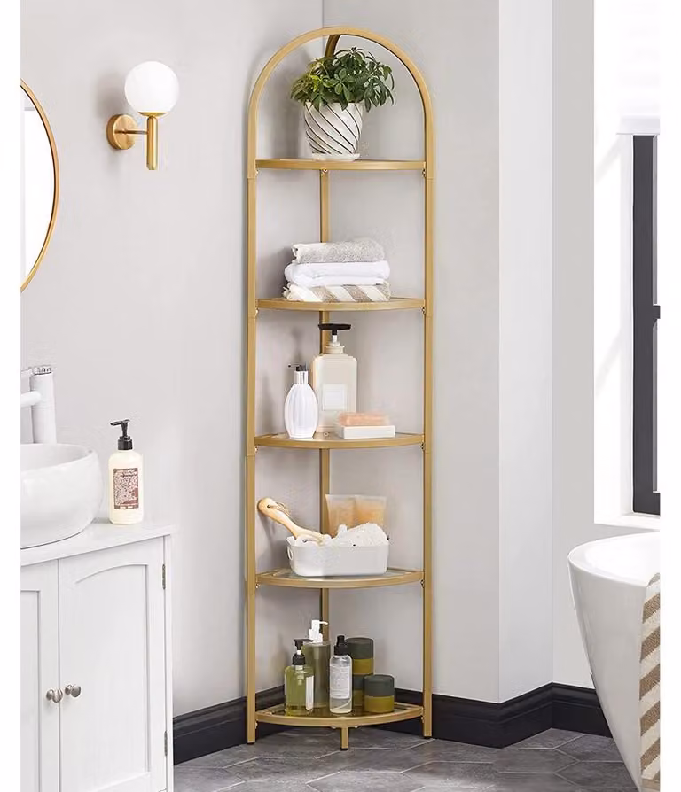 Scaffale angolare a 5 ripiani, libreria in metallo e vetro, color oro, dimensioni 28 x 28 x 158 cm