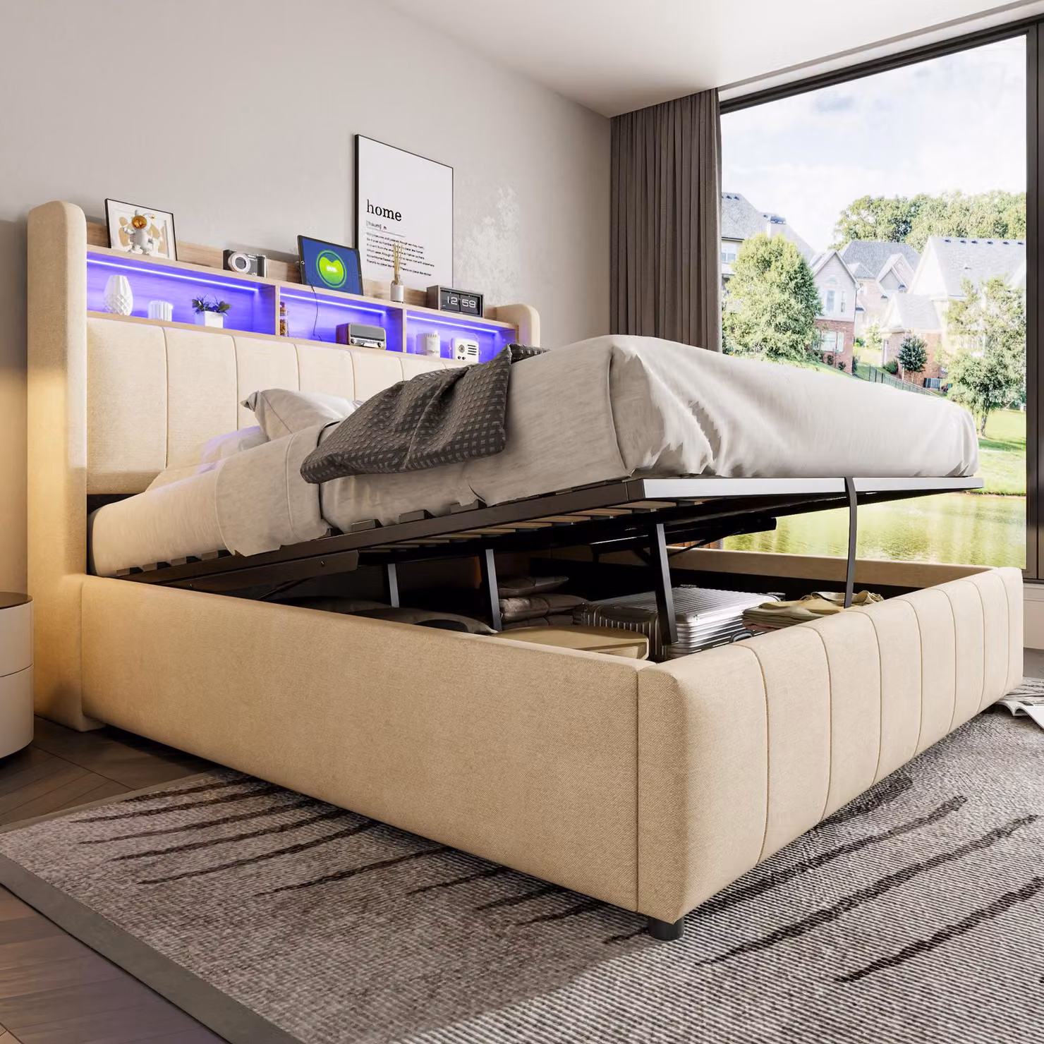 Letto imbottito 160x200 cm con illuminazione a LED, porte USB e Type-C, spazio contenitore ad apertura idraulica, testiera con ripiani e 24 listelli