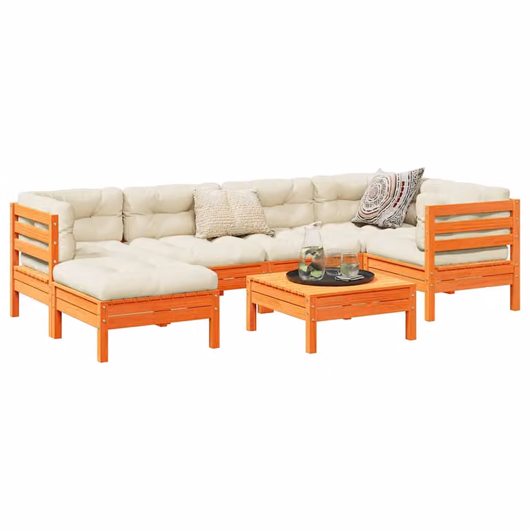 Set di divani da giardino vidaXL in legno massello di pino con cuscini marrone cera e beige, 7 pezzi, composizione a L con elemento angolare e pouf