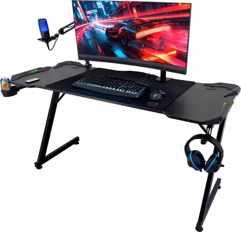 Qware Akron Gaming Desk - Tavolo a LED con porta cuffie e porta bicchieri, larghezza 140 cm
