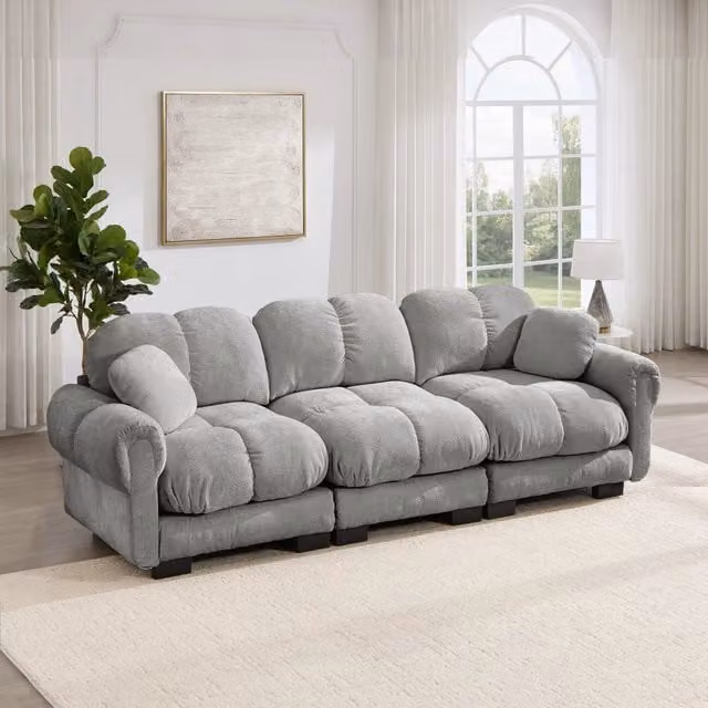 Divano 260.0x86.0x90.0 cm con cuscini trapuntati e struttura modulare in ciniglia grigio chiaro
