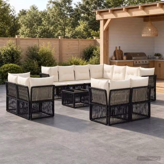 Set Divano da Giardino a L con Tavolino vidaXL, 12 Pezzi, Nero, Polyrattan e Metallo con Cuscini Inclusi