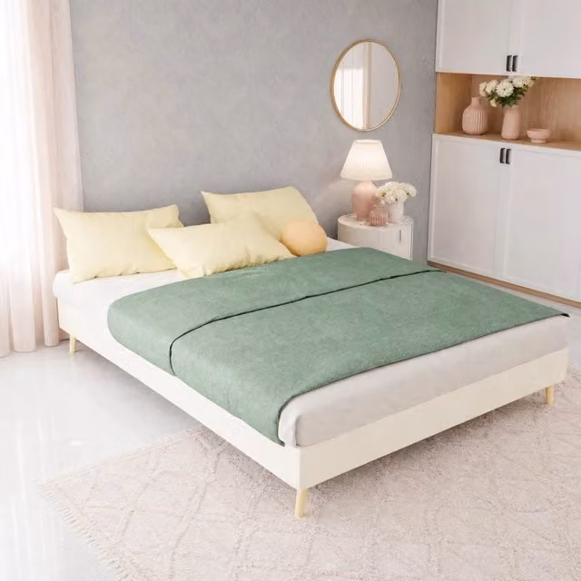 Struttura letto matrimoniale MODFU in tessuto e metallo beige, design moderno, L/P: 140 x 200 cm