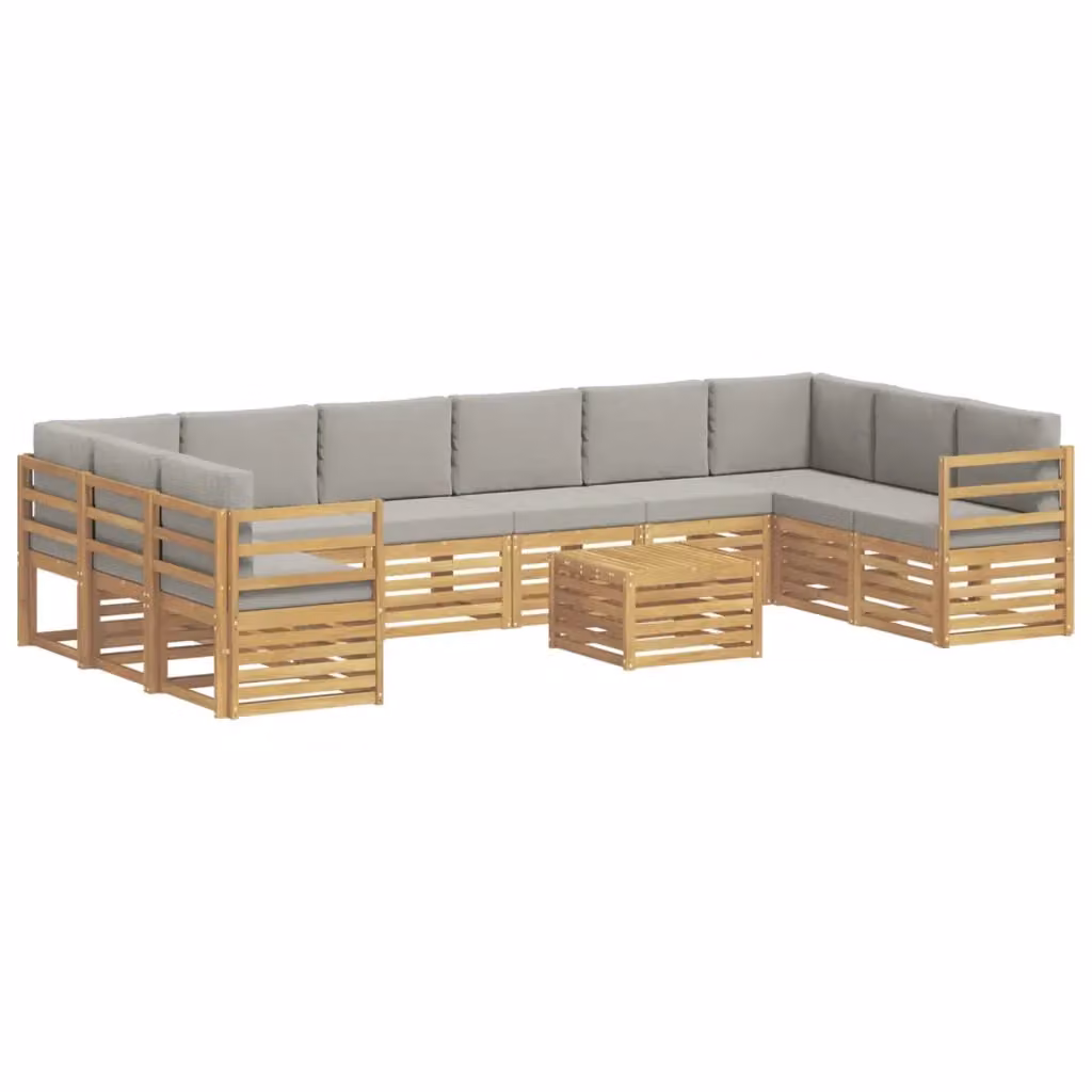 Set di divani da esterno vidaXL a forma di L composto da 11 pezzi con tavolino da caffè, in legno di acacia trattato e tessuto bianco e grigio – 2
