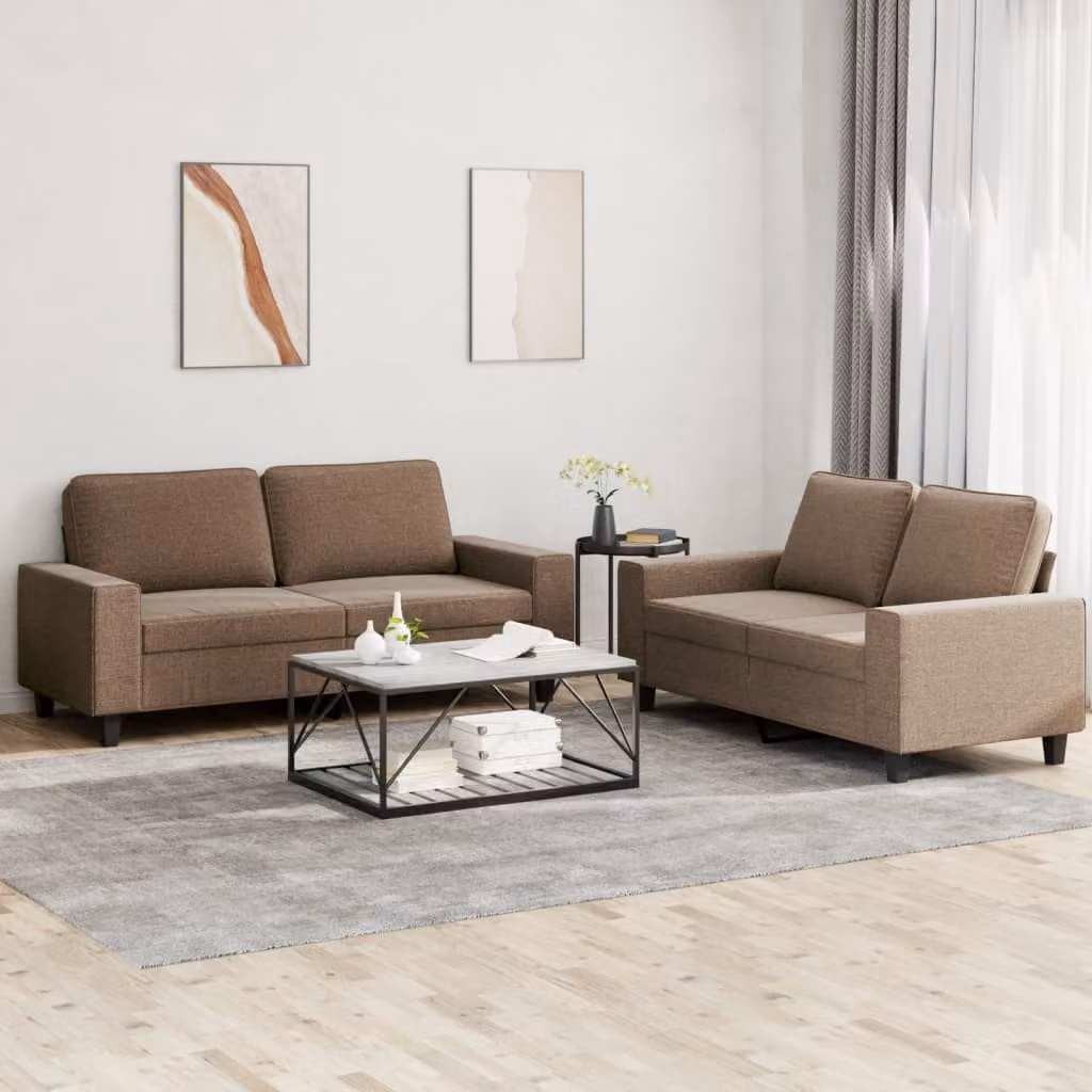 Set di 2 divani moderni vidaXL in tessuto marrone con cuscini decorativi e struttura in metallo e MDF – 1