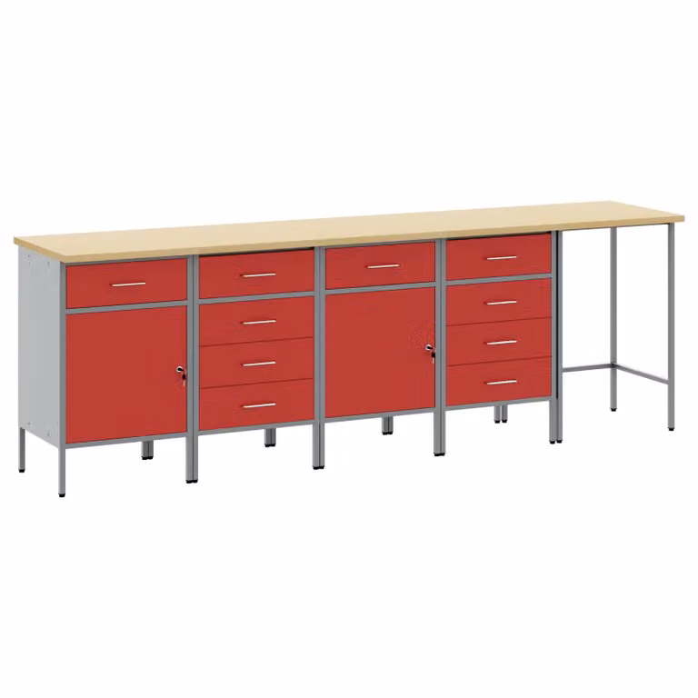 vidaXL Set di mobili da lavoro con cassetto in acciaio e legno, 5 pezzi, Rosso e Grigio, con serratura