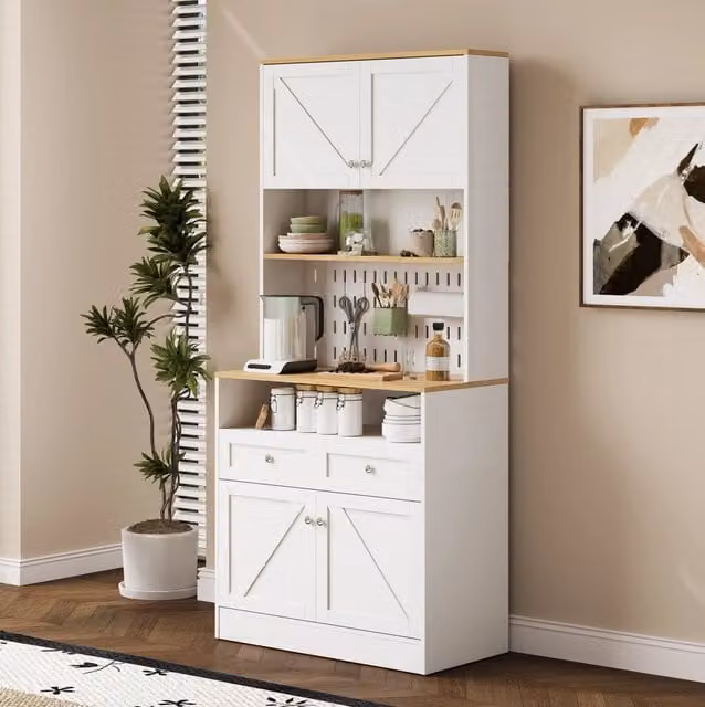 Sideboard 80x40x175 cm con pannello forato e ante stile fienile in MDF e pannelli di particelle bianco e naturale