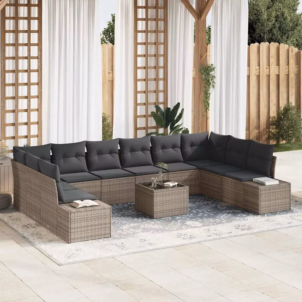 Set Divano da Giardino vidaXL a Forma di L in Polyrattan Grigio con 11 Pezzi e Cuscini – 1