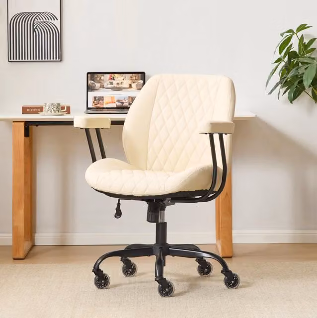 Sedia ufficio 57x51 cm in pelle bianca, braccioli rimovibili, stabile –