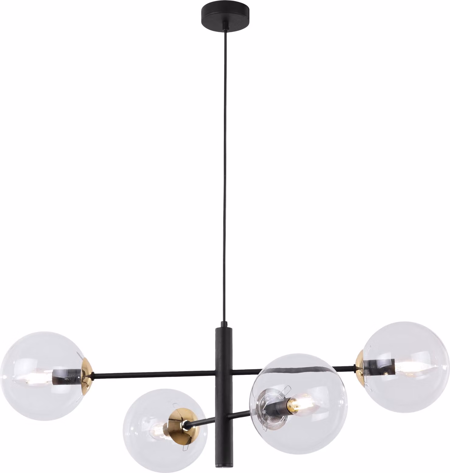Lampada a sospensione Vicenza nero-oro a 4 luci con paralumi trasparenti E14