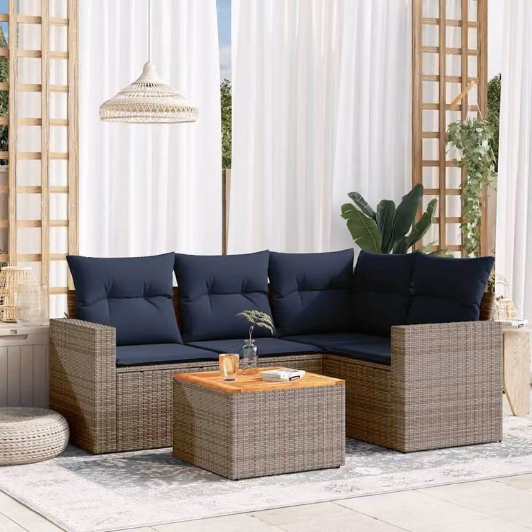vidaXL Set Divani da Giardino a L in Polyrattan Grigio con Cuscini e Tavolino da Esterno