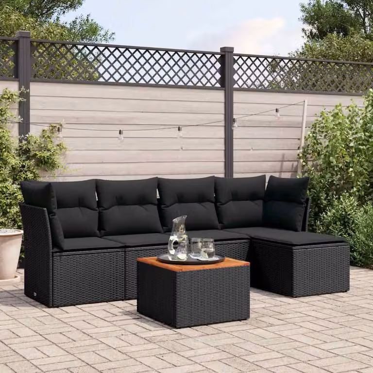 Set Divano da Giardino vidaXL 6 pz in Polyrattan Nero con Cuscini e Tavolino da Caffè