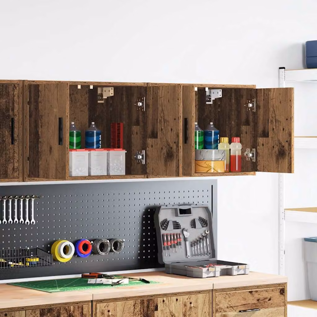 Set di 2 pensili da garage vidaXL in legno multistrato e MDF stile industriale, colore marrone, con ante a battente e ripiani interni, da appendere a parete