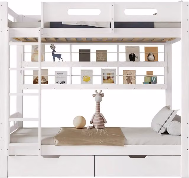 Letto a castello per bambini 90 × 200 cm, 2 posti, 2 cassetti, mensole, scala e barriere, senza materasso, bianco naturale