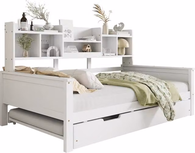 Letto singolo estraibile 90x200 cm con letto supplementare 90x190 cm e ripiani; bianco