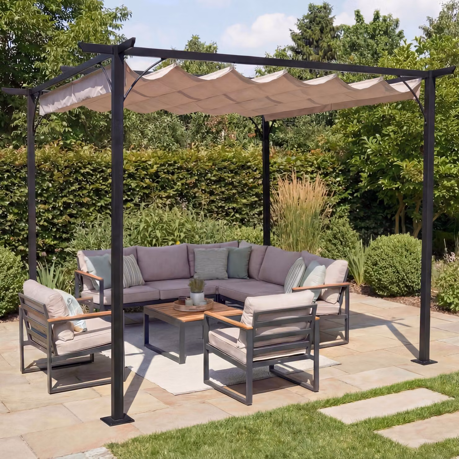 Pergola HWC-C42, padiglione da giardino, telaio robusto da 6 cm + tetto scorrevole ~ 3,5x3,5 m crema