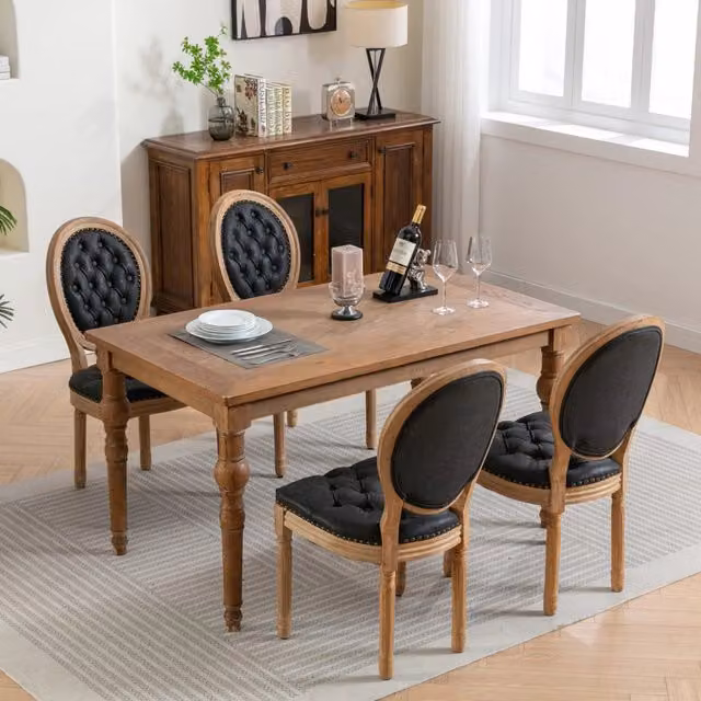 Set di 2 sedie da pranzo OKWISH in legno massello e pelle PU con schienale ovale capitonné e finitura vintage nero