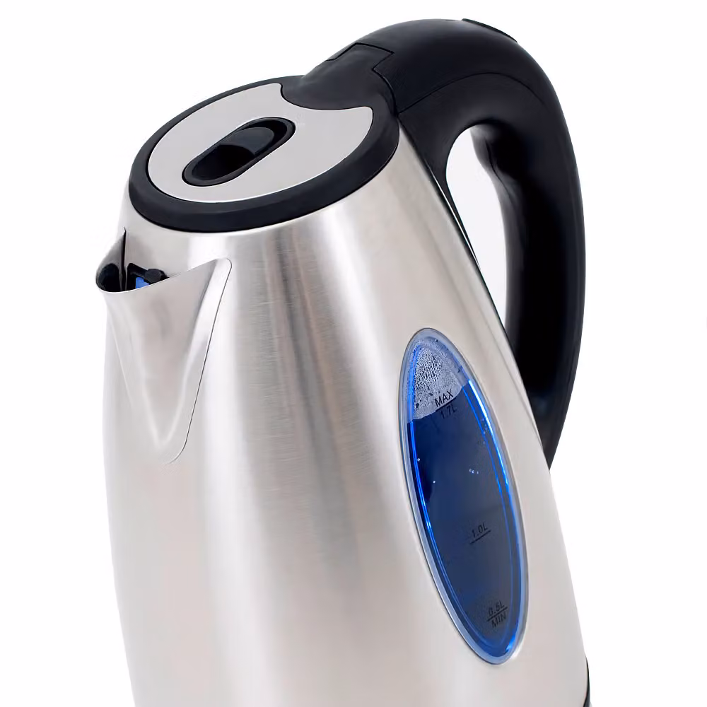 Bollitore elettrico Deuba in acciaio inox e vetro, capacità 1,7 l, 2200 W, colori nero e argento con filtro anticalcare e spegnimento automatico – 2