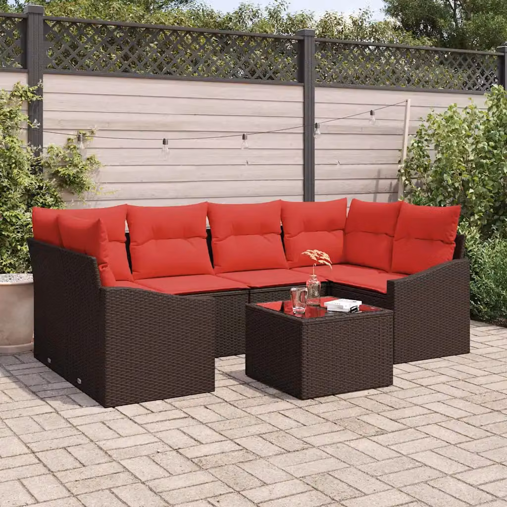 Set di divani da giardino vidaXL in rattan e metallo, 7 pezzi, marrone e rosso
