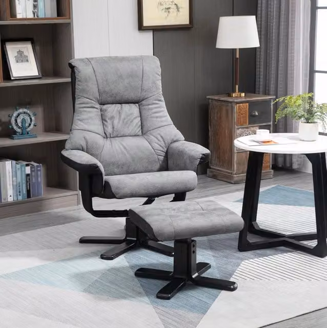 Poltrona relax girevole con poggiapiedi in microfibra grigia, 78x82,5x109 cm, per soggiorno e relax