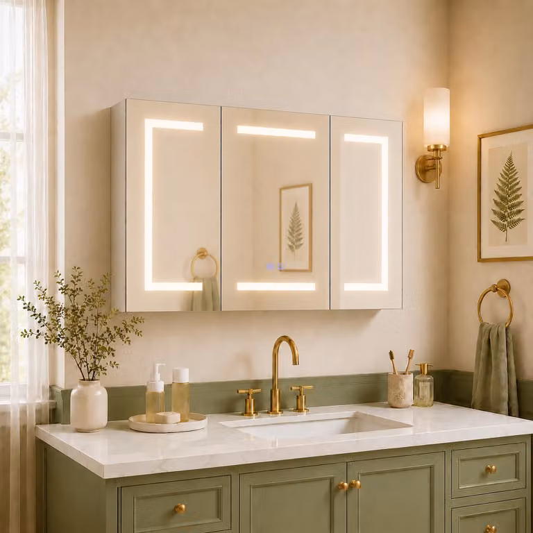 Mobiletto con specchio a LED per il bagno, dimensioni 100 x 60 x 13,5 cm, con 3 ante a specchio, 3 tonalità di luce, funzione antiappannamento e presa di corrente. Armadietto per il bagno