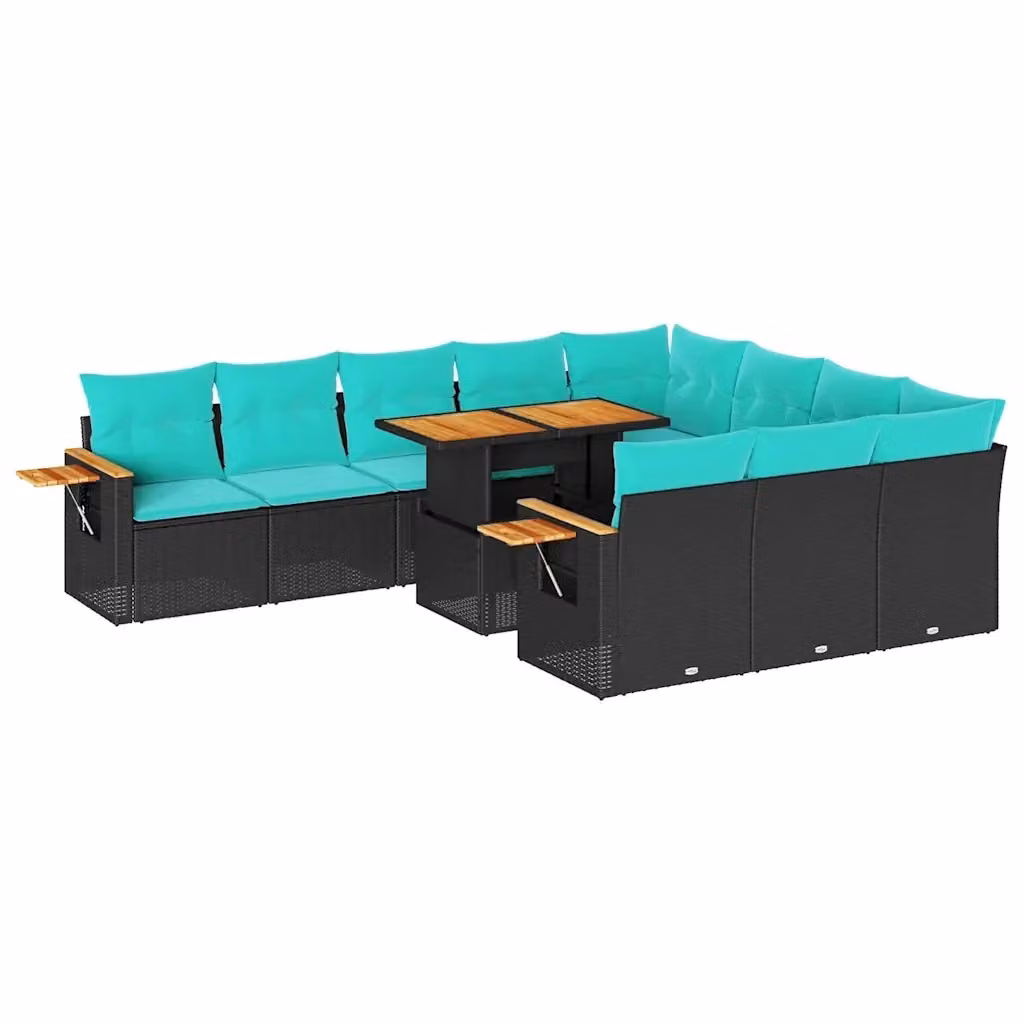 Set di divani da giardino a L con tavolo da caffè vidaXL, 11 pezzi in polyrattan e legno di acacia nero con cuscini inclusi – 2