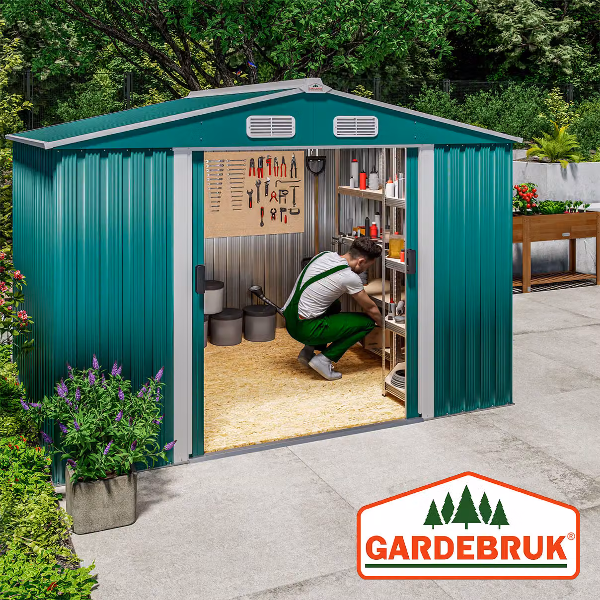 Casetta da giardino Gardebruk in metallo verde con porta scorrevole e ventilazione sul tetto L: 260 cm, P: 205 cm, H: 180 cm – 3