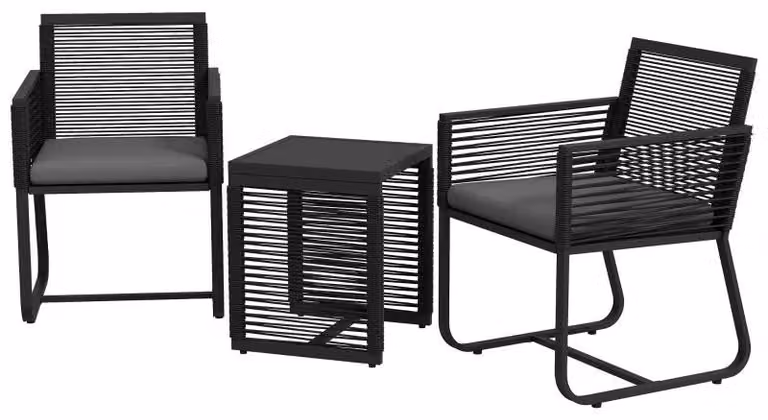 Set da bistrot in rattan, composto da 3 pezzi, con tavolo in vetro | Colore: nero, grigio | Dimensioni: 53x57x77 cm