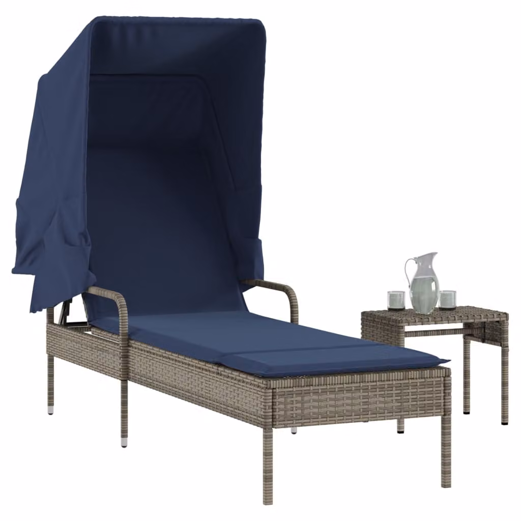 vidaXL Set Lettino prendisole con tettuccio e tavolino in polyrattan grigio e blu