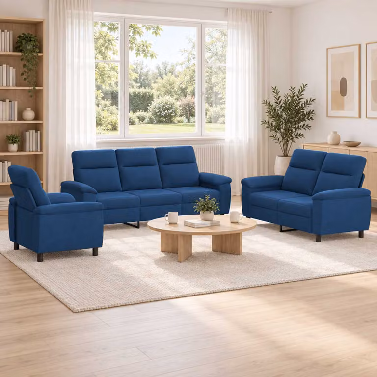 Set di divani moderno vidaXL in tessuto blu con struttura in metallo per soggiorno, composto da 3 pezzi con cuscini inclusi