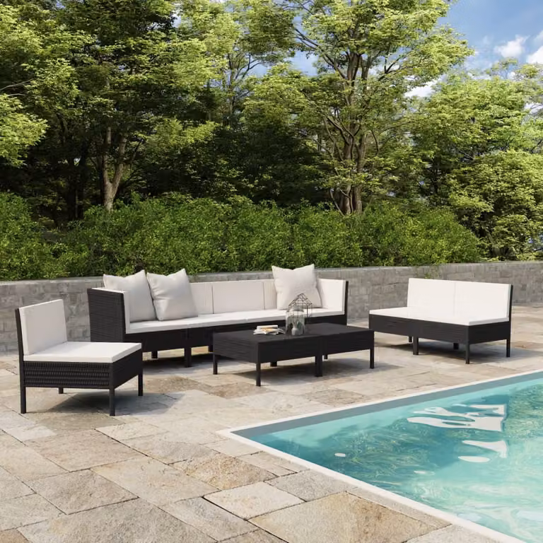 The Living Store Set da giardino 9 pezzi con cuscini in poly rattan nero