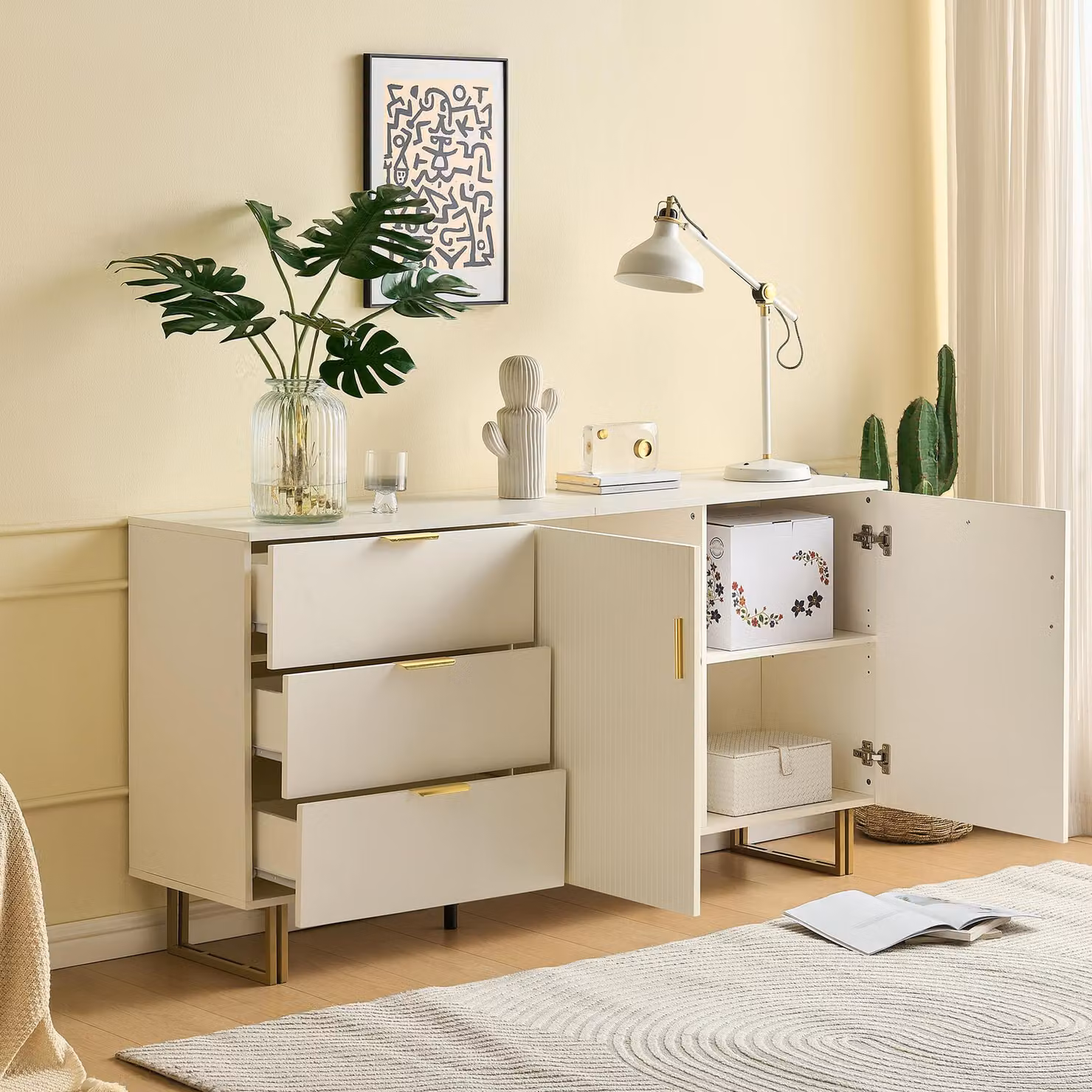Credenza STILVORA con 3 cassetti, mobile contenitore con maniglie in lega di zinco e gambe in ferro, mobile da salotto in MDF, bianco