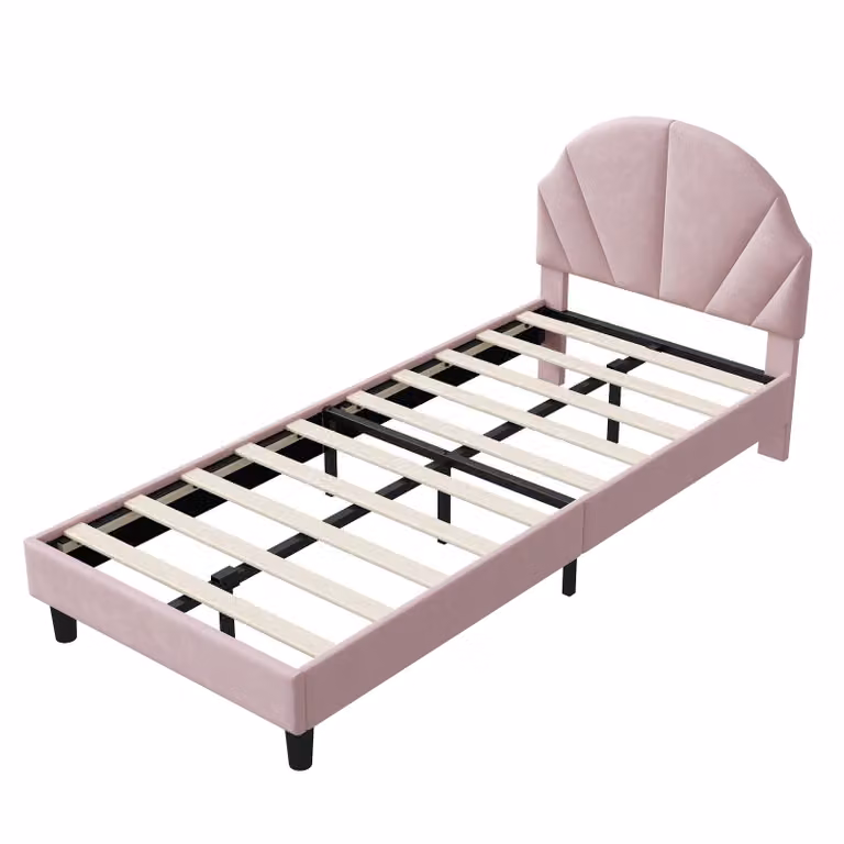 Letto per bambini Moonbite in velluto rosa, dimensioni 90x200 cm, con poggiatesta regolabile in altezza, schienale ergonomico, rete a doghe, capacità di carico fino a 150 kg