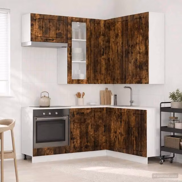 Unità Cucina LUCCA vidaXL 8 Pezzi in Rovere Fumo e Legno, Design Minimalista con Ante in Vetro e Ripiani Interni, Marrone – 1