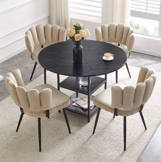 Set tavolo e sedie rotondo 107 cm in MDF nero e metallo, 4 posti, salvaspazio