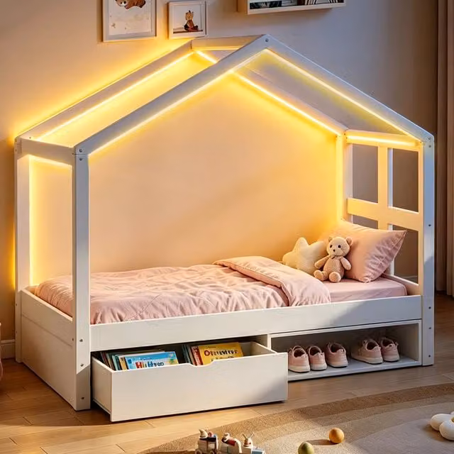 Letto singolo a casetta 90x190 cm bianco con cassetto, scarpiera e luce LED