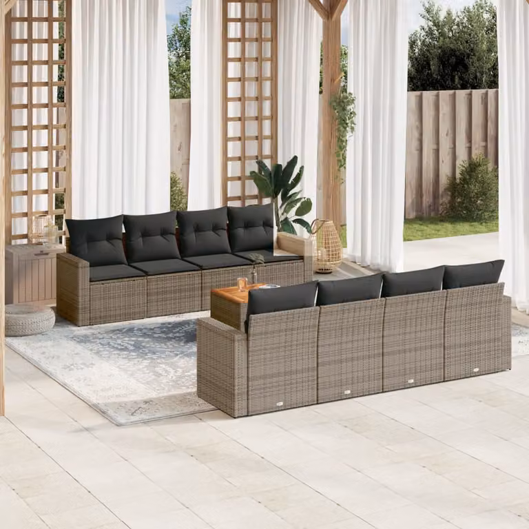 vidaXL Set Divano da Giardino 9 pz in Polyrattan con Cuscini Grigio e Marrone