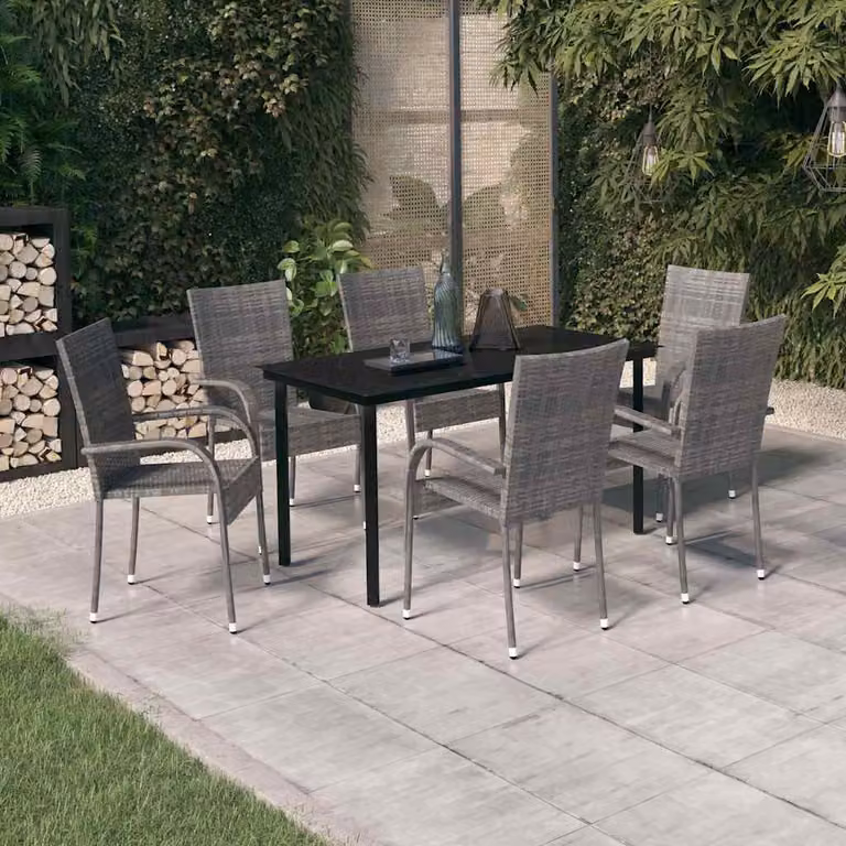 Set da pranzo da giardino vidaXL in polyrattan con tavolo in vetro e 7 pezzi, Grigio e Nero