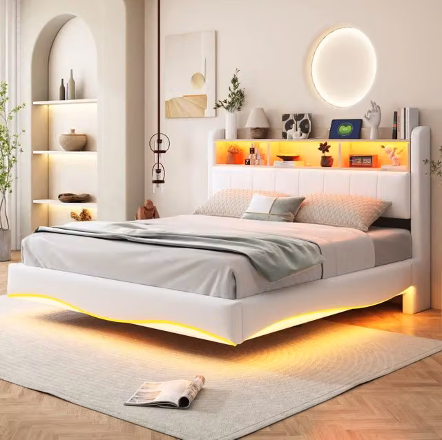 Letto imbottito 160x200 cm beige, struttura in metallo con LED e USB