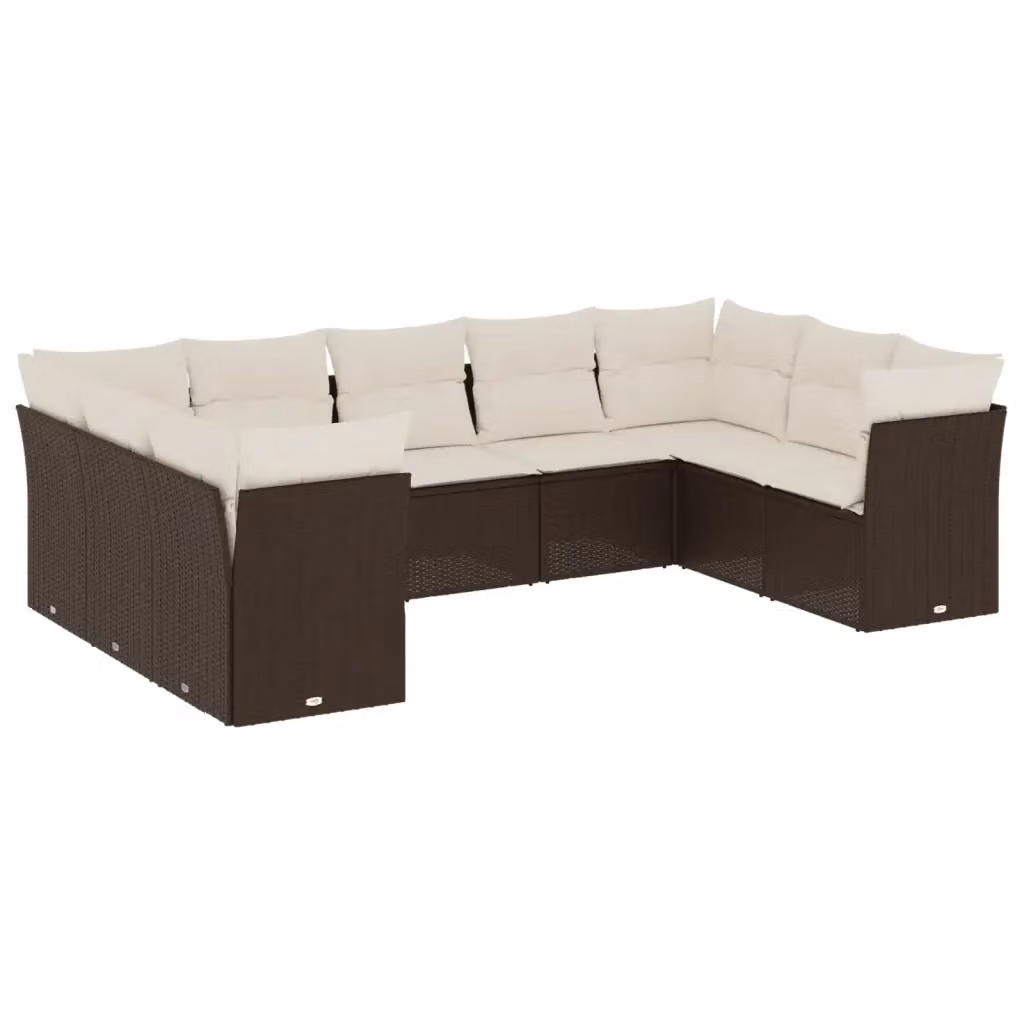 Set di divani da giardino vidaXL a forma di L composto da 9 pezzi con cuscini marroni e bianchi in polyrattan – 2