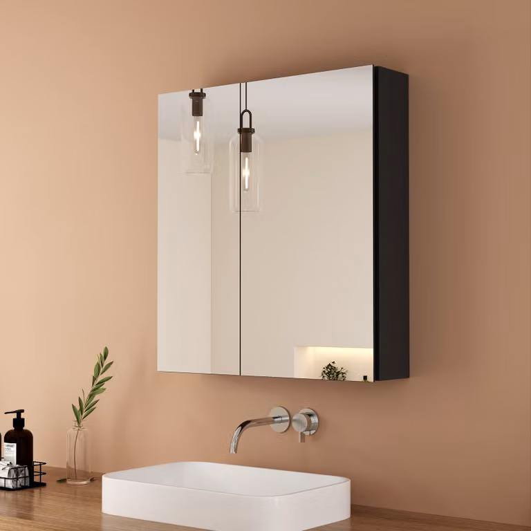 EMKE Armadio a specchio da bagno 600x650 mm, armadio da bagno in alluminio con 2 ante, ripiani regolabili, armadio da bagno nero, resistente alla ruggine e cerniere soft-close
