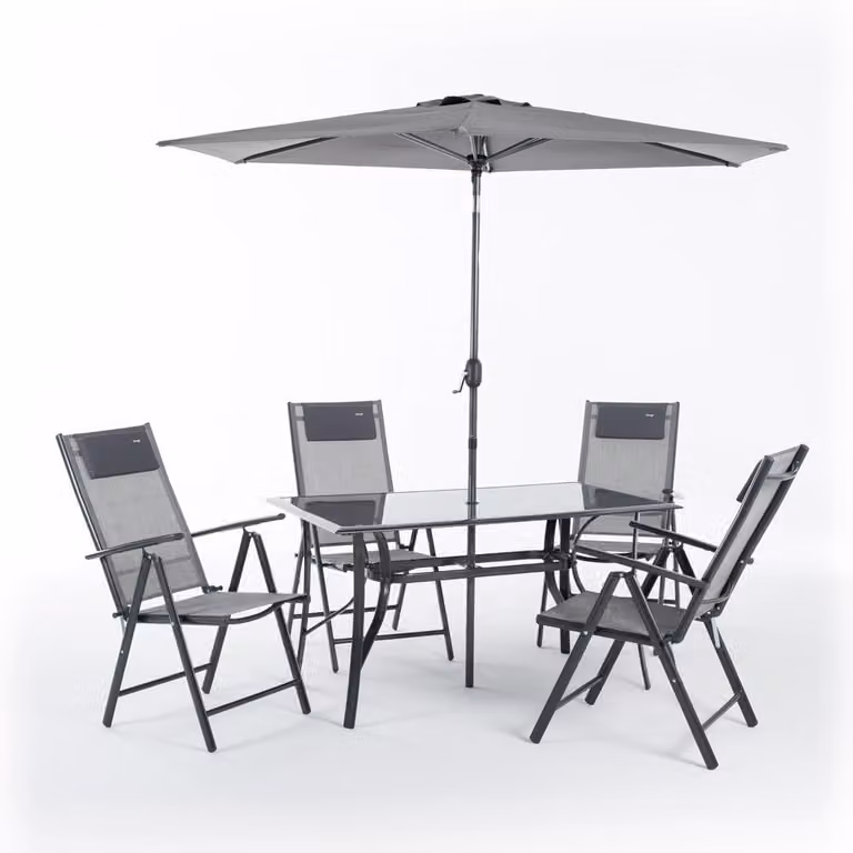 Set da pranzo da giardino per 4 persone con tavolo in vetro 140x80, 4 sedie pieghevoli regolabili in più posizioni in Textilene con poggiatesta, ombrellone da 270 cm SANREMO