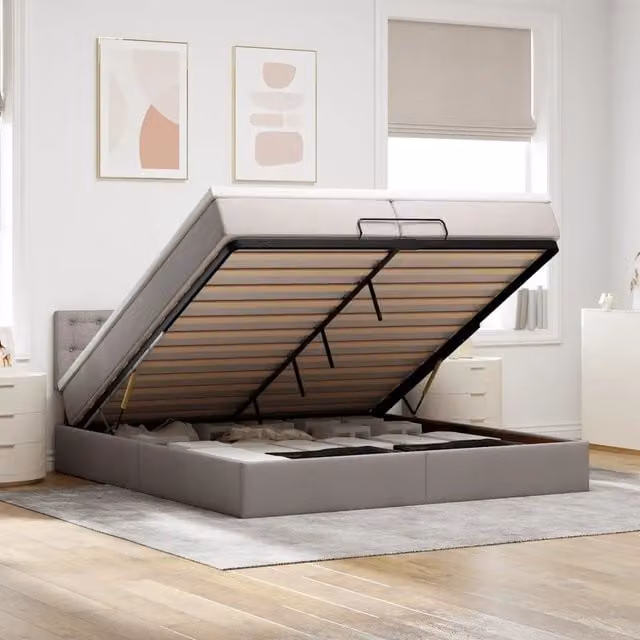 Letto con contenitore a sollevamento vidaXL in tessuto beige e grigio con porta USB e illuminazione sottostante L: 200 cm, P: 200 cm, H: 280 cm – 1