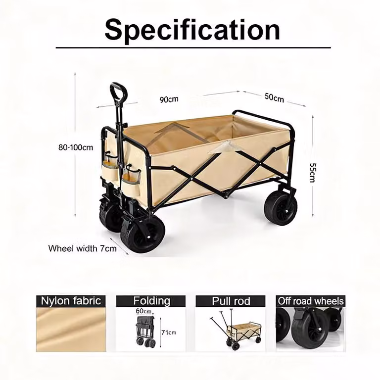 Carrello da giardino pieghevole - Carrello a mano con 4 ruote - Capacità di carico: 80–150 kg - Ruote da 20 cm - Colore: kaki